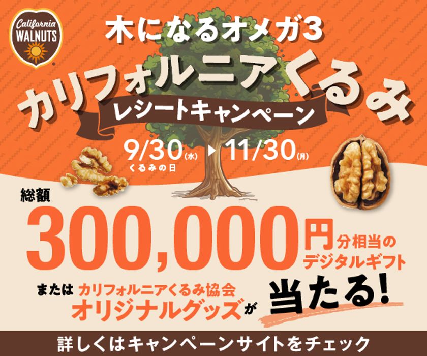 くるみを買って、最大5,000円分のデジタルギフトを当てよう!
くるみ・くるみパン・くるみ入り佃煮が対象!
「木になるオメガ3 カリフォルニアくるみ
レシートキャンペーン」開催