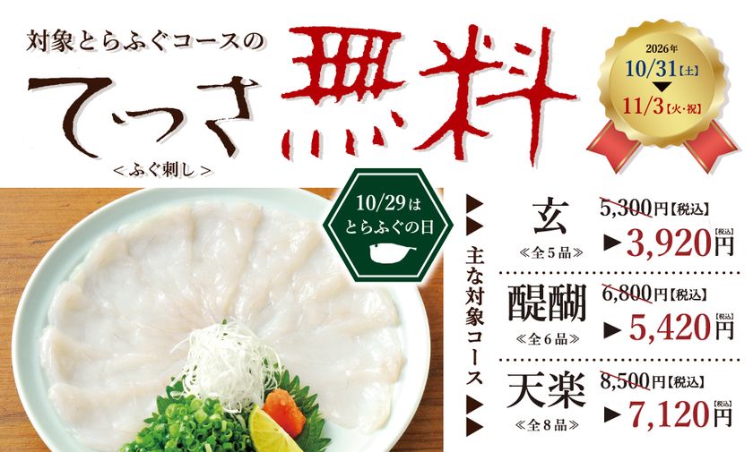 ふぐシーズン到来！玄品名物「てっさ(ふぐ刺し)」が0円に　
10月31日～11月3日の4日間限定「てっさ無料フェア」開催