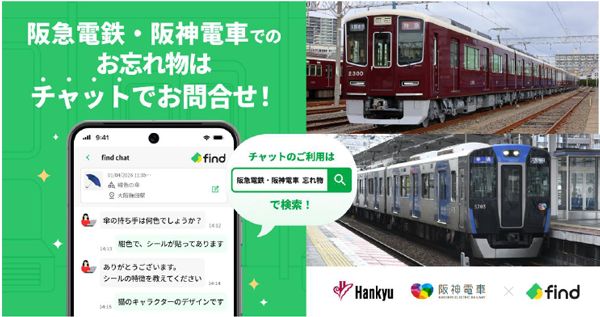 ~AIを活用したお忘れ物検索サービス~
「落とし物クラウドfind」を導入します!
11月10日(火)に阪神電車、
11月19日(木)に阪急電鉄でサービスを開始