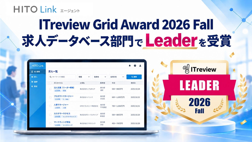 人材紹介会社向け求人データベース『HITO-Linkエージェント』、
「ITreview Grid Award 2026 Fall」の求人データベース部門で
「Leader」を受賞