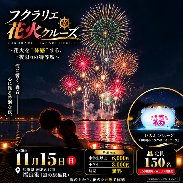 福良湾に響く轟音！
「フクラリエ花火クルーズ」11月15日開催　
～花火を“体感”する、一夜限りの特等席～