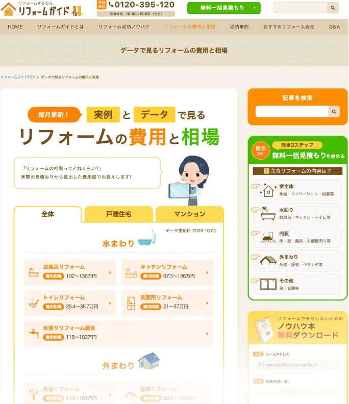 リニューアル後の「リフォームの費用と相場」ページ