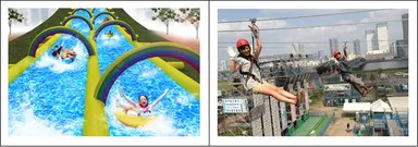 全長120mのウォータースライダー(左)と空飛ぶジップライン(右)