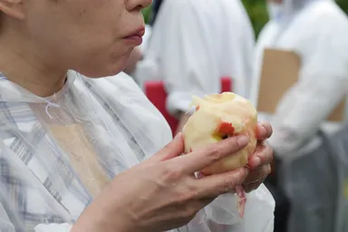 自分で狩り取ったももをほお張る参加者