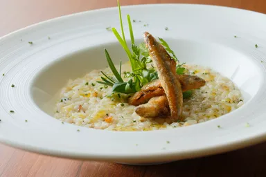 ハーブをのせた小鮎のリゾット