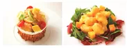 左「石垣パイン、季節の野菜、信玄とりの甘酢仕立て」、右「海老のパッションマンゴーマヨネーズ」