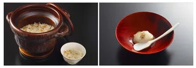 左：かやくご飯、右：自家製杏仁豆腐