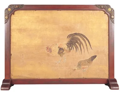 対角線を意識した構図と鶏が写生的に見事に表現された＜円山応挙筆　番鶏図衝立＞