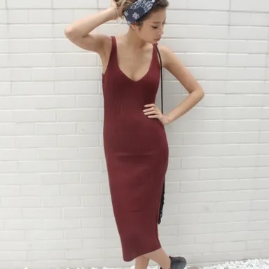 リブ編みキャミニットワンピボルドー