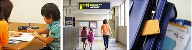 （左）子どもの基本的生活習慣・学習習慣のサポート。（中）店舗周辺の習い事先へスタッフによる徒歩送迎（右）「登下校ミマモルメ」のICタグ