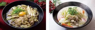 (1)鶏の味噌煮込み風そば・うどん ／ (2)白湯ピリ辛ちゃんぽんそば・うどん