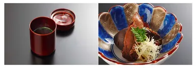 左：コースの最初は鴨ガラの出汁で、右：2品目の鴨のキモのしぐれ煮