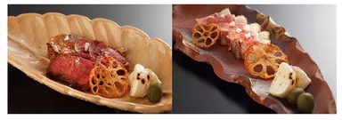 左：真鴨のステーキはジューシーで濃厚、右：ドンコ(イノシシの仔)のステーキも絶品