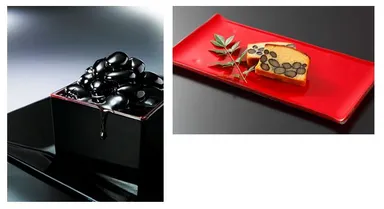 (左)艶やかでふっくらした黒豆を使用。黒豆はイソフラボンが豊富で老化防止成分が入っていると言われている健康素材、(右)黒豆がぎっしり入った焼菓子