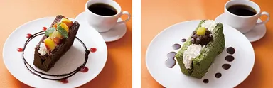 (1)チョコシフォンケーキサンド ～フルーツミックス～ ／ (2)抹茶シフォンケーキサンド ～粒あんと栗～