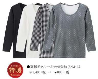 ウィメンズ裏起毛クルーネック8分袖