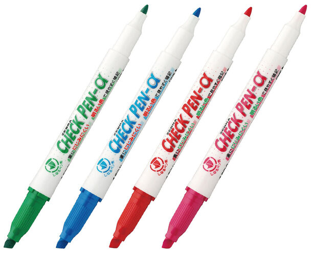 『チェックペン-アルファ』価格：￥150＋税(税込￥162) インク色：左から緑、青、赤、ピンク