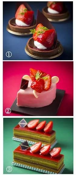 (1)ベリーショコラタルト ／ (2)ミルキーストロベリームース ／ (3)フレジェ・オ・ピスタッシュ