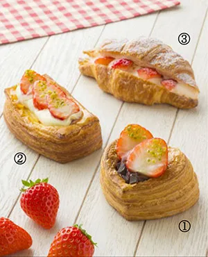 (1)苺のショコラデニッシュ ／ (2)苺のフロマージュデニッシュ ／ (3)苺のクロワッサンサンド