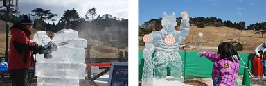 「鬼の氷像」　公開制作時の様子（写真左） ／ 「鬼の氷像」完成後　雪玉を投げる様子（写真右）