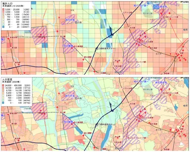 未来統計メッシュ版(上)と町丁字版(下)
