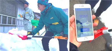 越後雪かき道場でDig-Logを使用して“雪かき”をウィンタースポーツさながらに楽しむ参加者の様子
