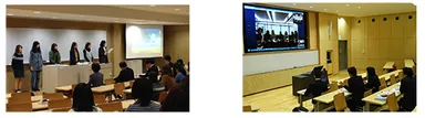 左：旅行企画の発表と選考（11月11日）右：ハワイ留学中の学生と安田女子大学（広島）を結んでスカイプ会議（3月5日）