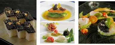 （左から）キャビアの押し寿司 ／ ムニュ・キャビア ／ 海星