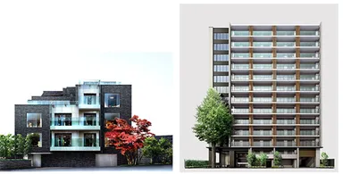 左＜港区元麻布計画＞　右＜ジオ四谷荒木町＞　外観完成予想図