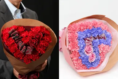 カーネーションとバラのハート型花束(レッド＆ダブルハート)