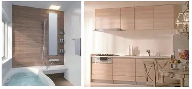 【設備1】左:省エネ・家事ラクバスルーム　右：高機能キッチン