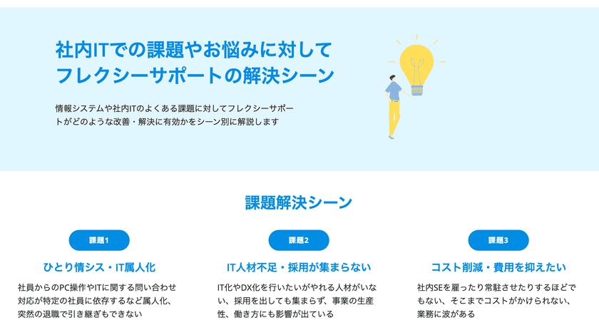 情シスアウトソーシング、社内IT代行の「フレクシーサポート」
課題解決シーンの公開とデジタル化やDXに役立つ資料をリリース
